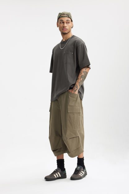 Linen Cotton Oversized Tee with Rivet Pocket-OLA FAN-greyish-brown-full-view