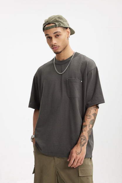 Linen Cotton Oversized Tee with Rivet Pocket-OLA FAN-grayish brown-front-view