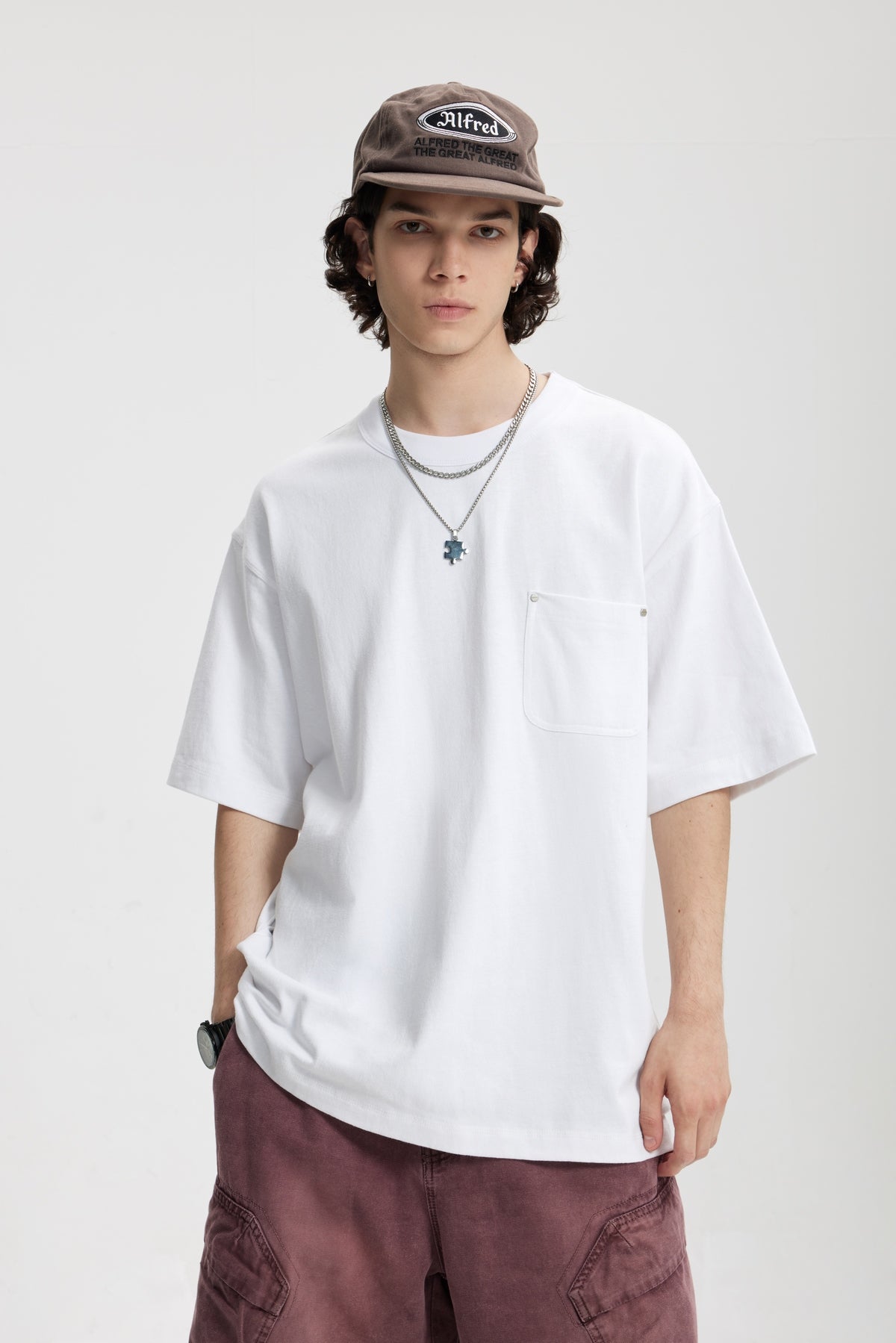 Linen Cotton Oversized Tee with Rivet Pocket-OLA FAN-white-front-view-2