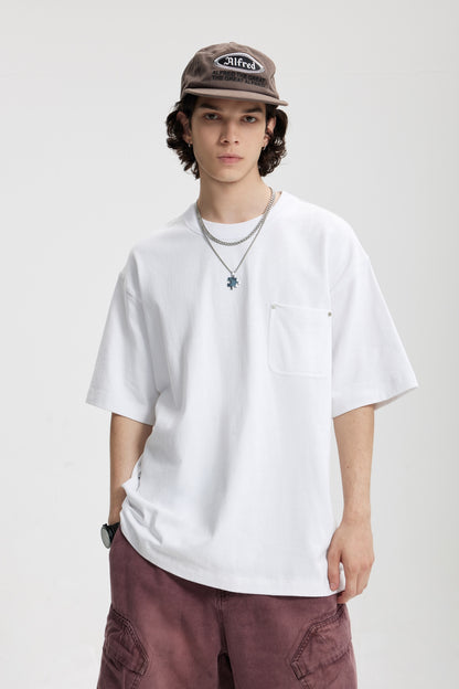 Linen Cotton Oversized Tee with Rivet Pocket-OLA FAN-white-front-view-2