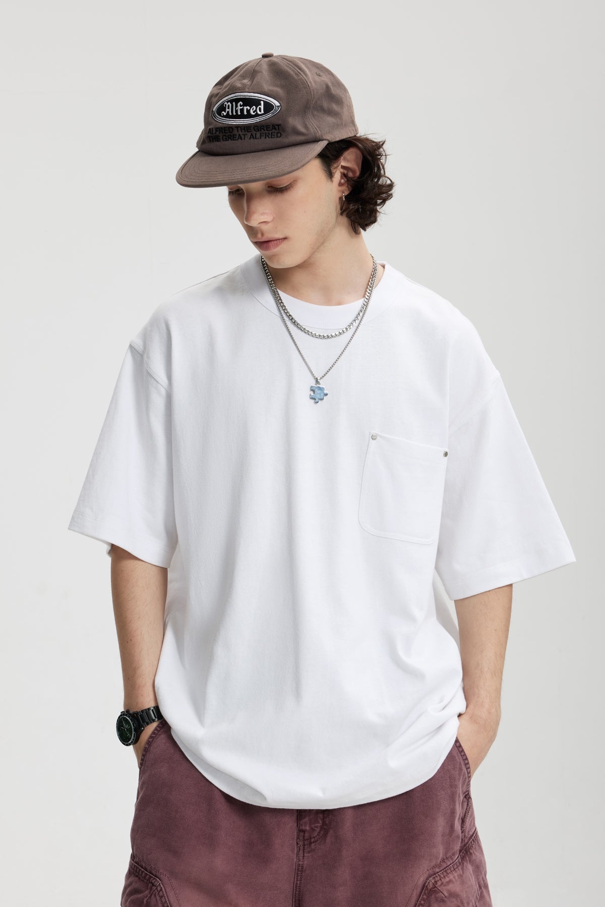 Linen Cotton Oversized Tee with Rivet Pocket-OLA FAN-white-front-view