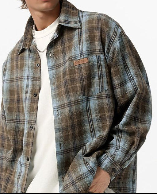 OLA FAN Brushed Vintage Plaid Shirt Jacket-Minimalism High Street Wear Unisex Greyish Brown male half-body