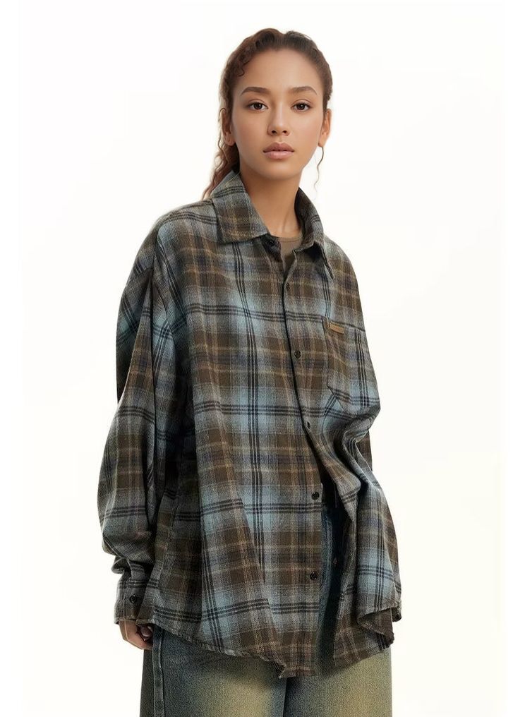 OLA FAN Brushed Vintage Plaid Shirt Jacket-Minimalism High Street Wear Unisex Greyish Brown female half-body