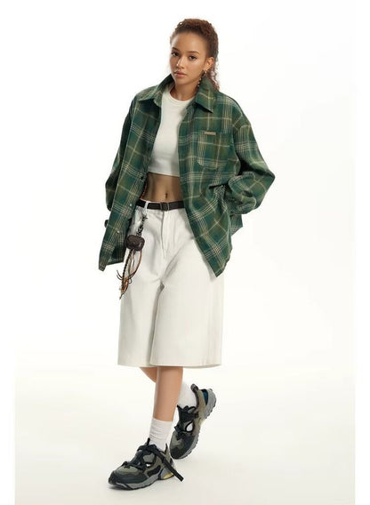 OLA FAN Brushed Vintage Plaid Shirt Jacket-Minimalism High Street Wear Unisex Hunter Green female full-body