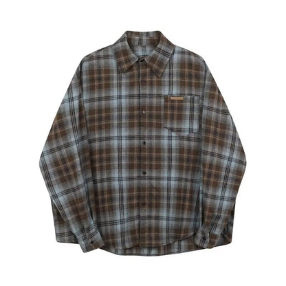 OLA FAN Brushed Vintage Plaid Shirt Jacket-Minimalism High Street Wear Unisex Greyish Brown sku