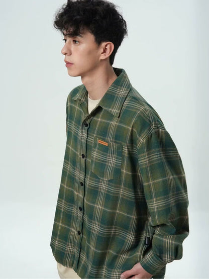 OLA FAN Brushed Vintage Plaid Shirt Jacket-Minimalism High Street Wear Unisex Hunter Green male half-body