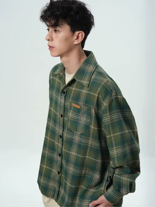 OLA FAN Brushed Vintage Plaid Shirt Jacket-Minimalism High Street Wear Unisex Hunter Green male half-body