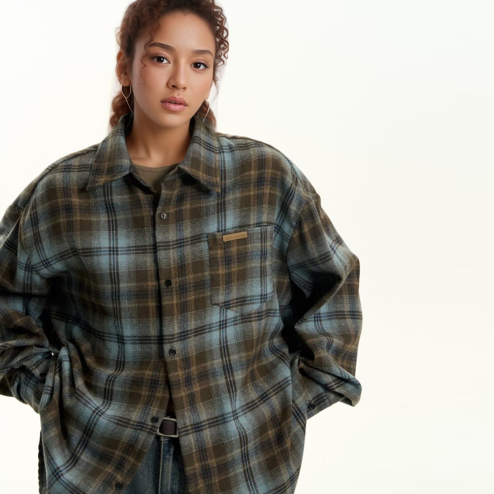 OLA FAN Brushed Vintage Plaid Shirt Jacket-Minimalism High Street Wear Unisex Greyish Brown female half-body