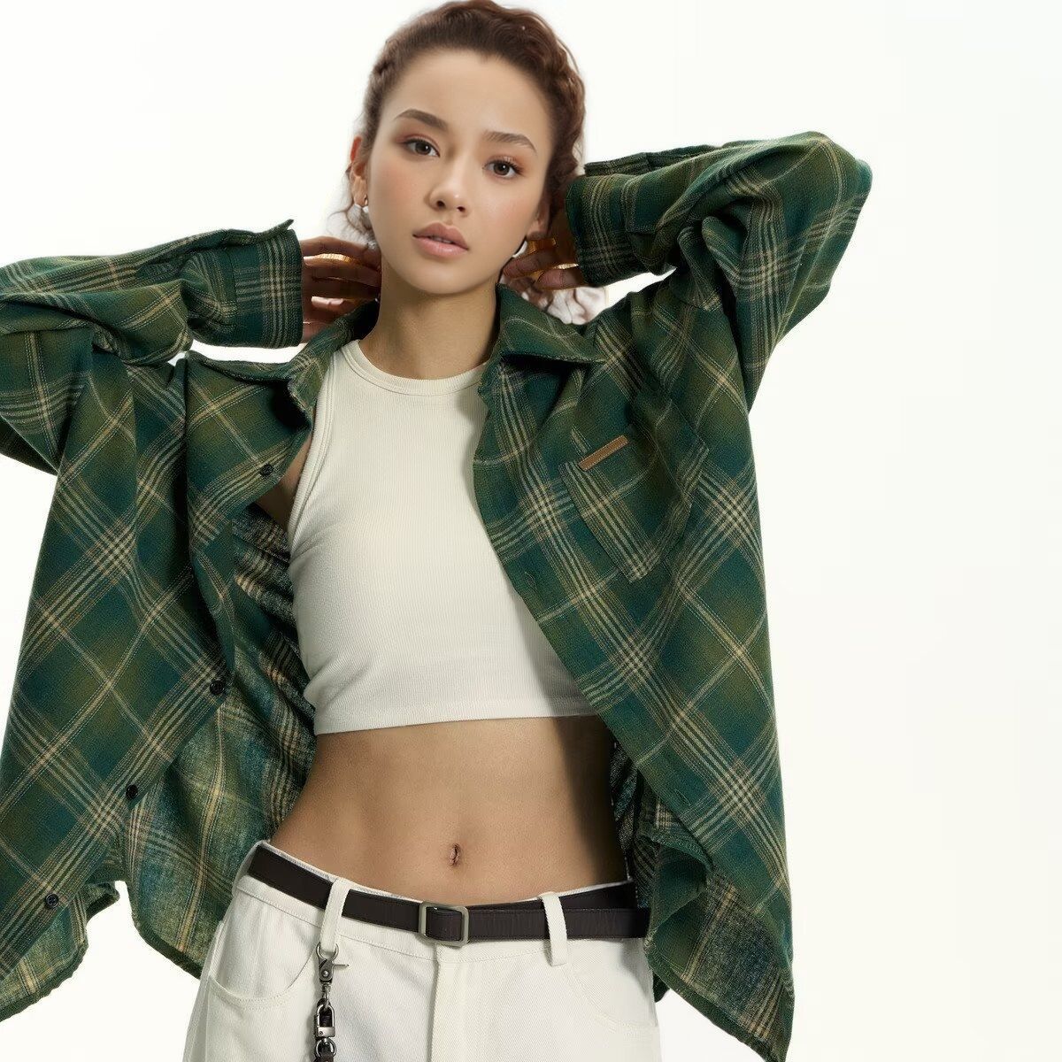 OLA FAN Brushed Vintage Plaid Shirt Jacket-Minimalism High Street Wear Unisex Hunter Green female half-body