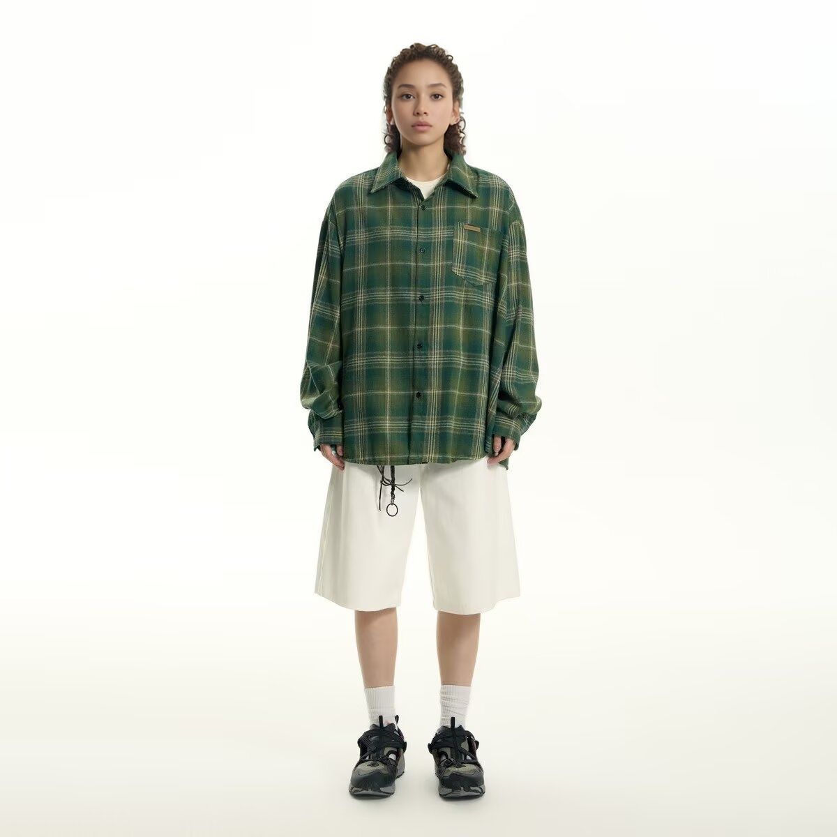 OLA FAN Brushed Vintage Plaid Shirt Jacket-Minimalism High Street Wear Unisex Hunter Green female full-body