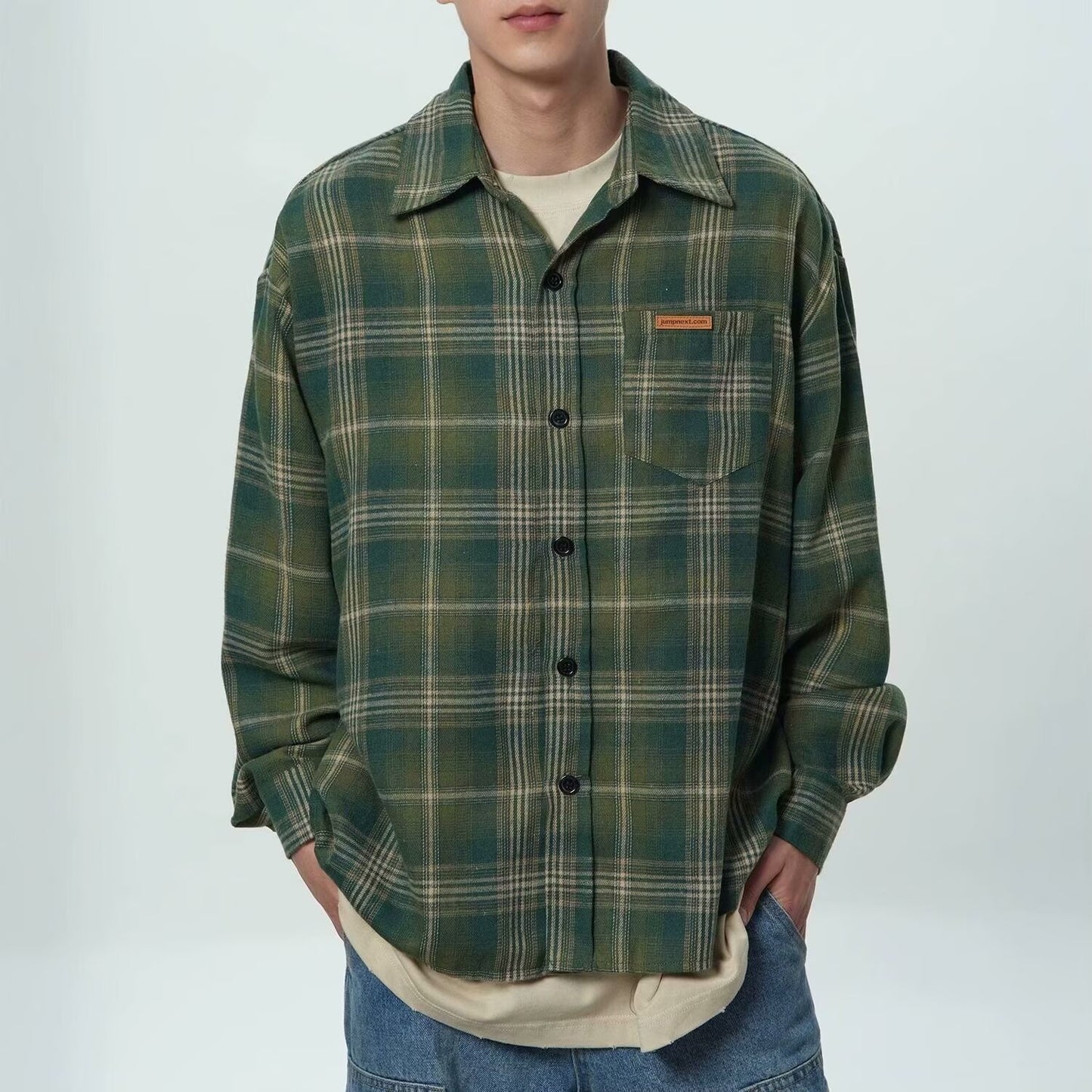 OLA FAN Brushed Vintage Plaid Shirt Jacket-Minimalism High Street Wear Unisex Hunter Green male half-body