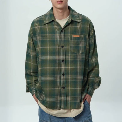 OLA FAN Brushed Vintage Plaid Shirt Jacket-Minimalism High Street Wear Unisex Hunter Green male half-body