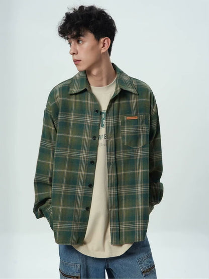 OLA FAN Brushed Vintage Plaid Shirt Jacket-Minimalism High Street Wear Unisex Hunter Green male half-body