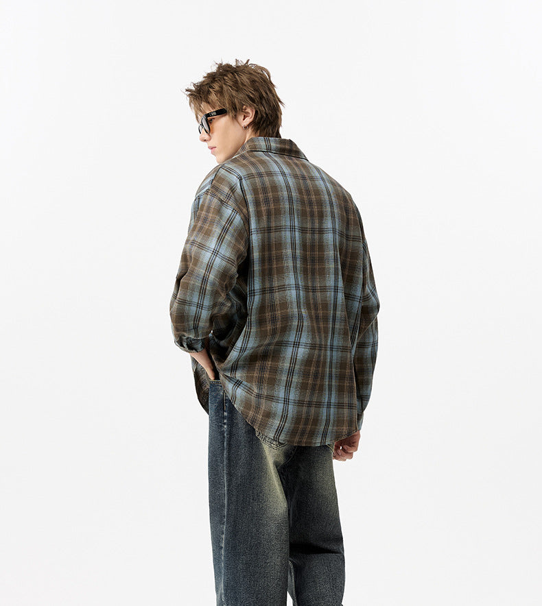 OLA FAN Brushed Vintage Plaid Shirt Jacket-Minimalism High Street Wear Unisex Greyish Brown male half-body