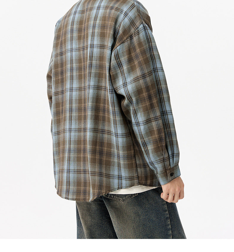 OLA FAN Brushed Vintage Plaid Shirt Jacket-Minimalism High Street Wear Unisex Greyish Brown male half-body