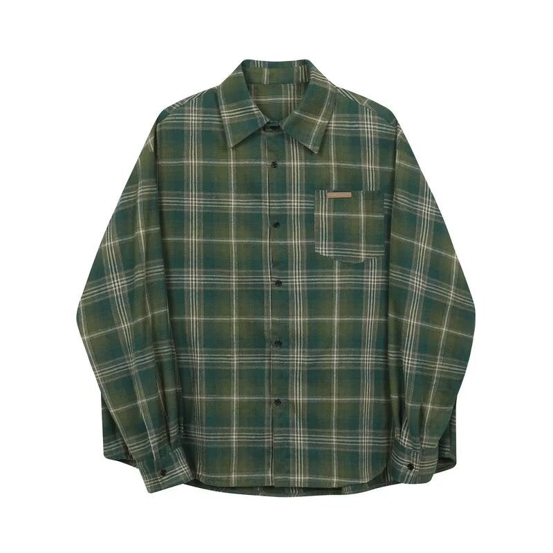 OLA FAN Brushed Vintage Plaid Shirt Jacket-Minimalism High Street Wear Unisex Hunter Green sku