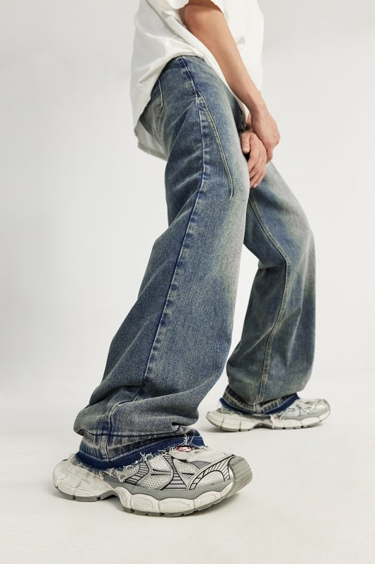 OLA FAN High Street Frayed Hem Washed Wide-Leg Jeans