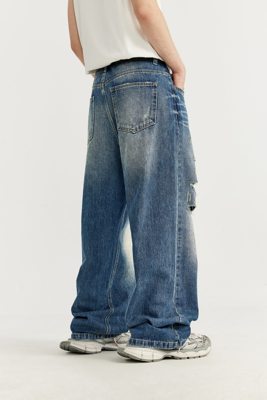 OLA FAN High Street Vintage Washed Distressed Wide-Leg Jeans