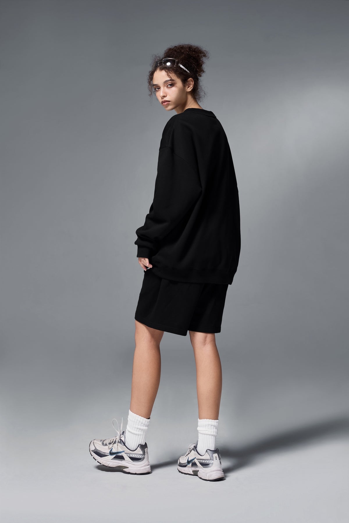 OLA FAN Soft Fleece Crewneck Sweatshirt Black female full-body