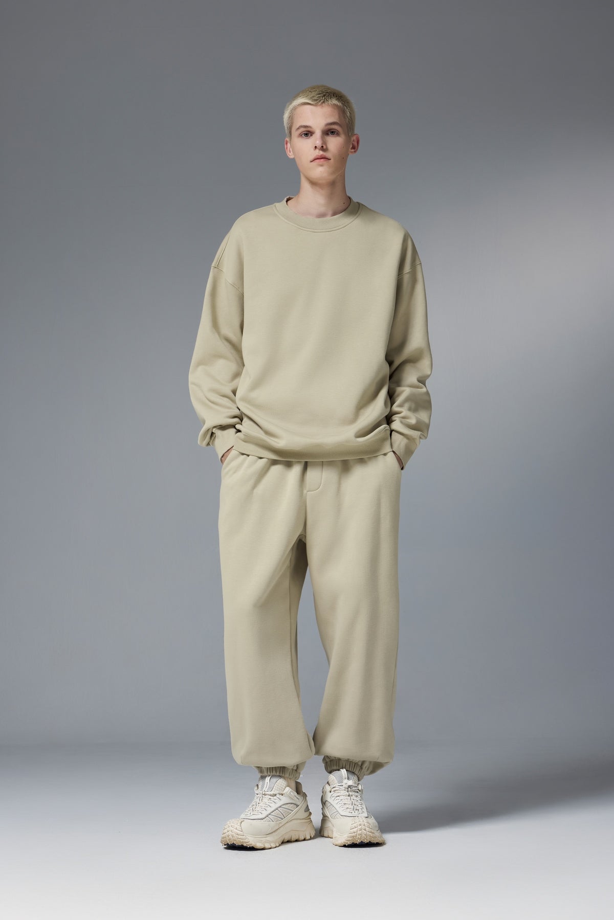 OLA FAN Soft Fleece Crewneck Sweatshirt Light Khaki Male full-body