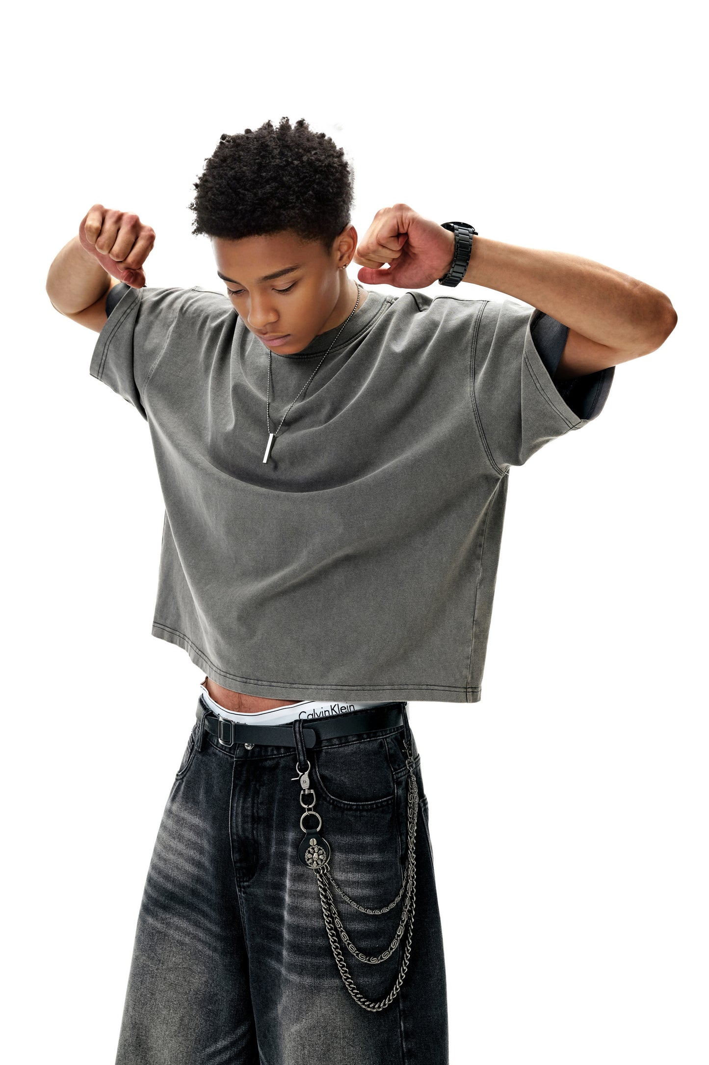 Ola fan Dark Grey Heavy Cotton Oversize Washed T-Shirt full side view on male model