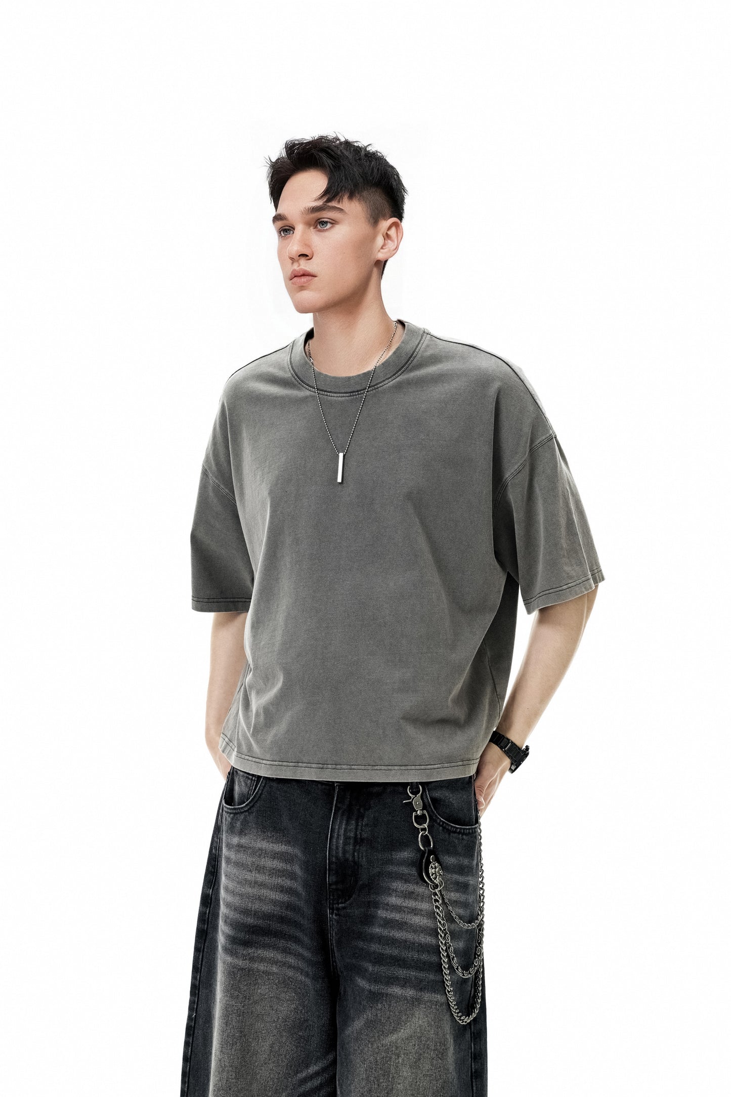 Ola fan Dark Grey Heavy Cotton Oversize Washed T-Shirt full side view on male model