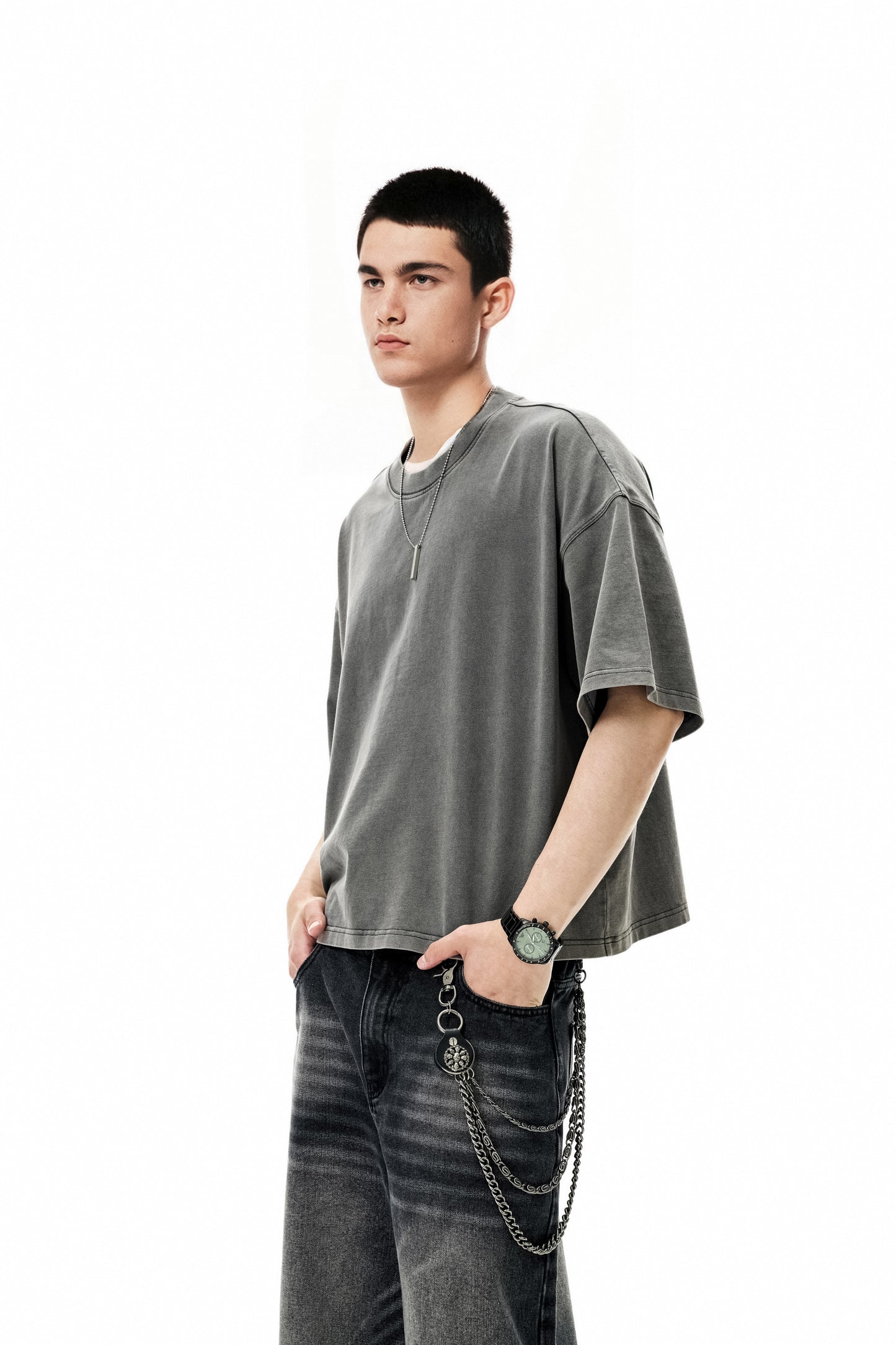 Ola fan Dark Grey Heavy Cotton Oversize Washed T-Shirt full view male model