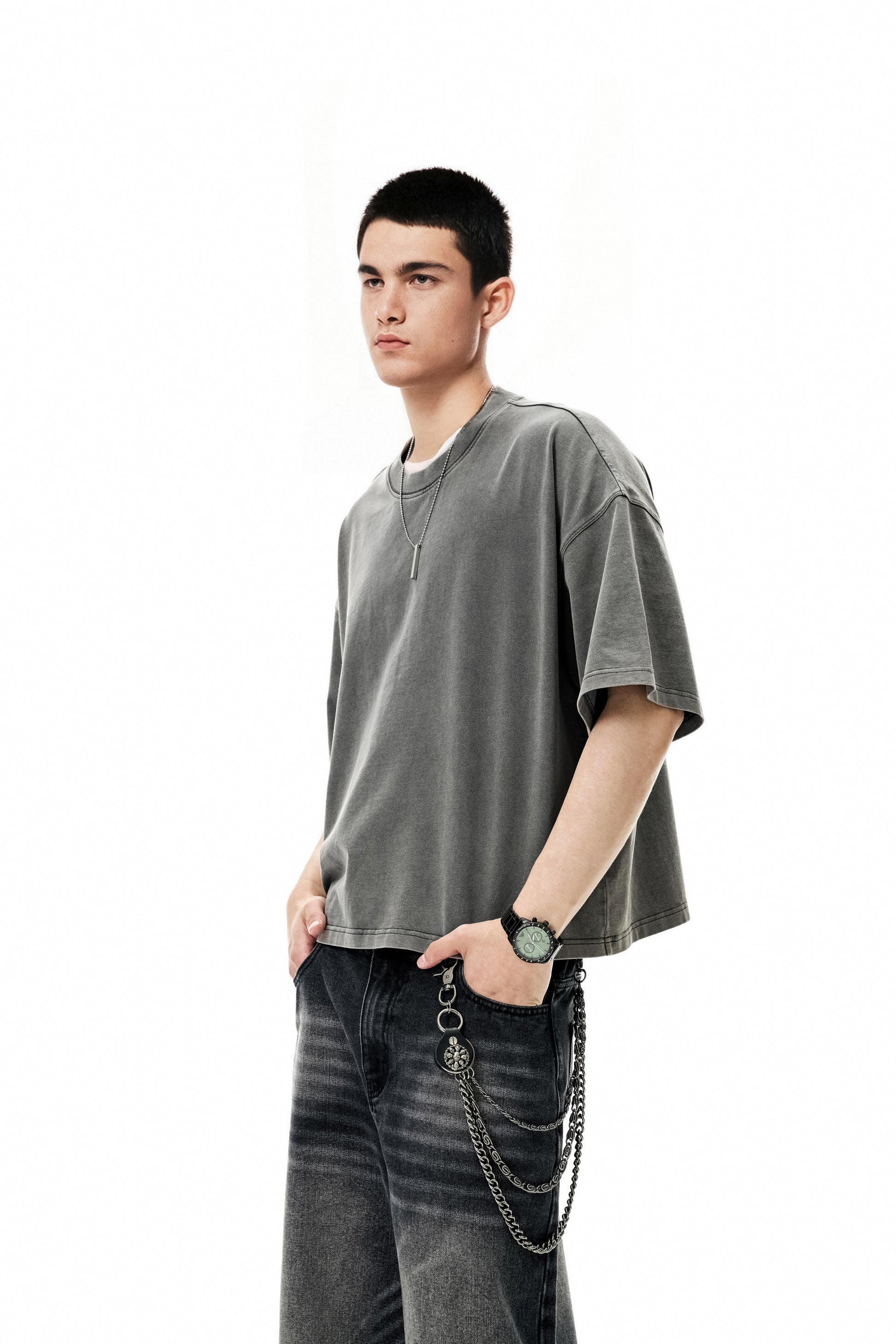 Ola fan Dark Grey Heavy Cotton Oversize Washed T-Shirt full view male model