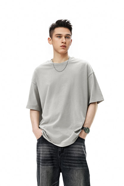 Ola fan Khaki Grey Heavy Cotton Oversize Washed T-Shirt full side view male model