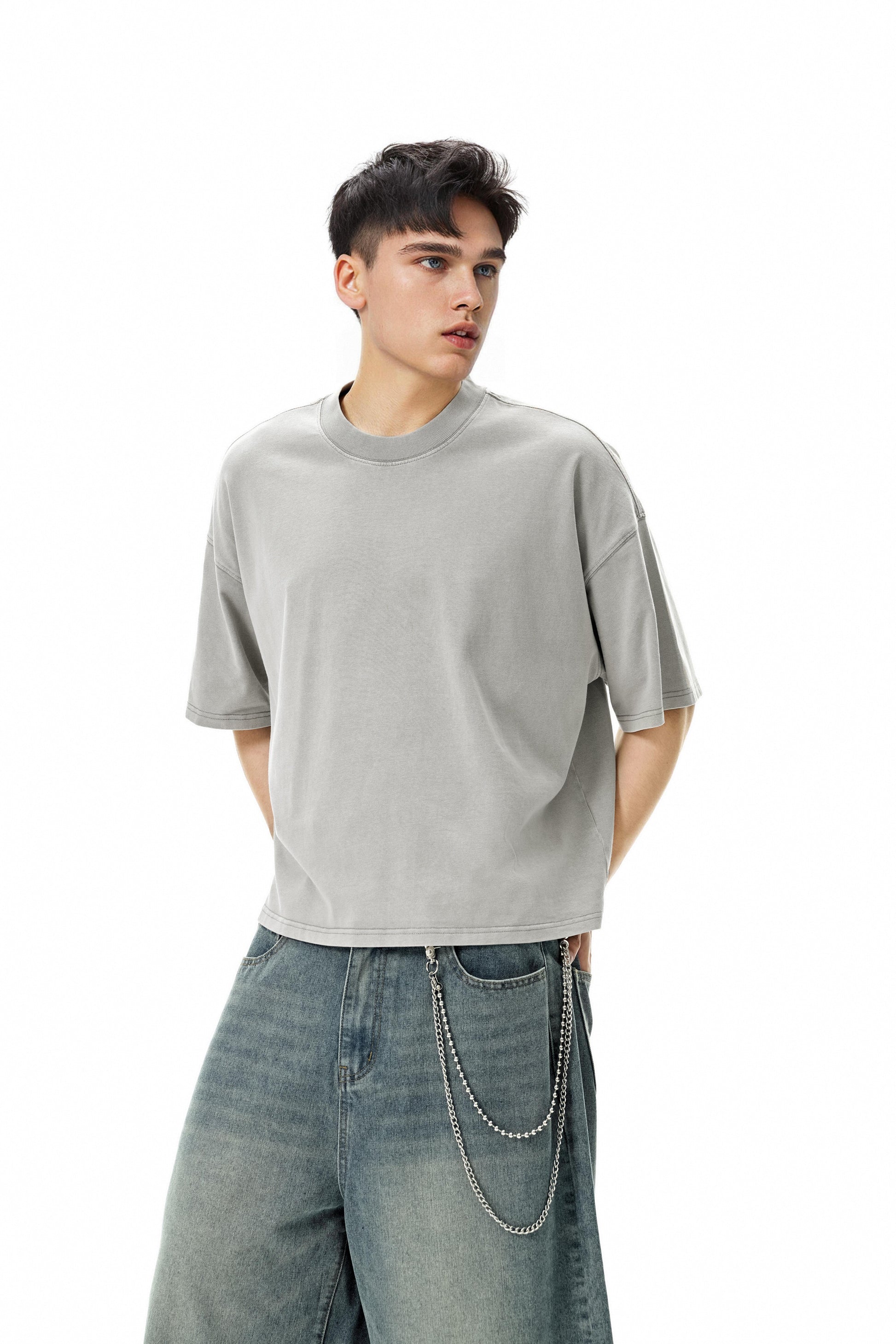 Ola fan Khaki Grey Heavy Cotton Oversize Washed T-Shirt full side view male model
