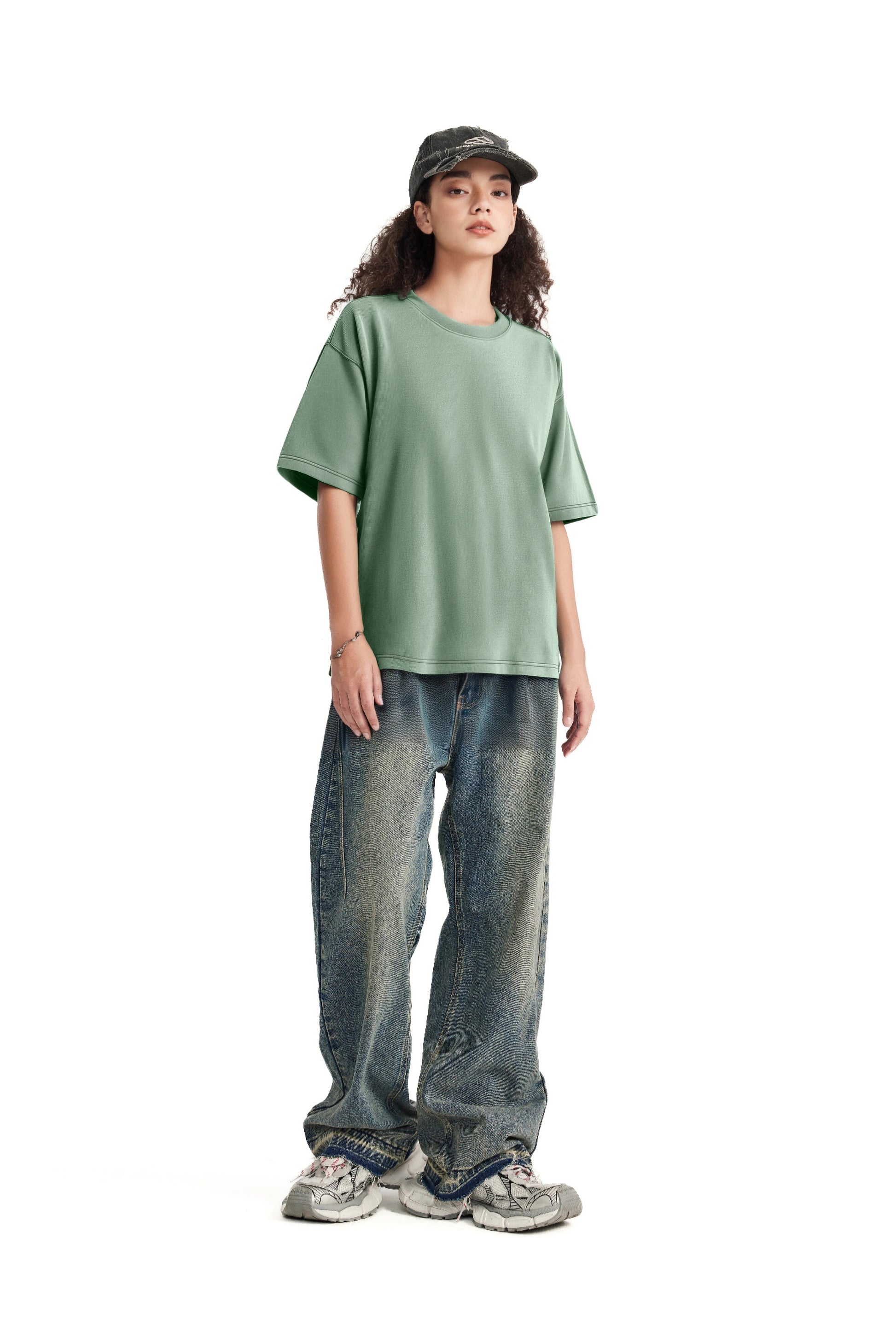 Ola fan grass green Heavy Cotton Oversize Washed T-Shirt full side view female model