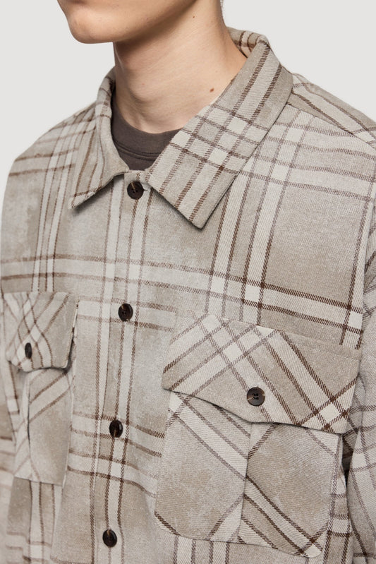 OLA FAN Retro Casual Oversized Distressed Plaid Shirt - Neutral Tones