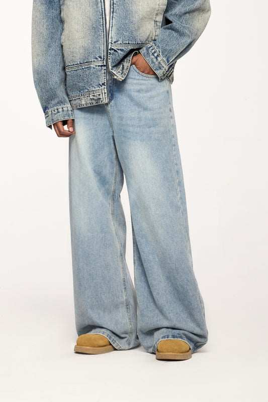 Retro Streetwear Style Washed Wide-Leg Distressed Jeans