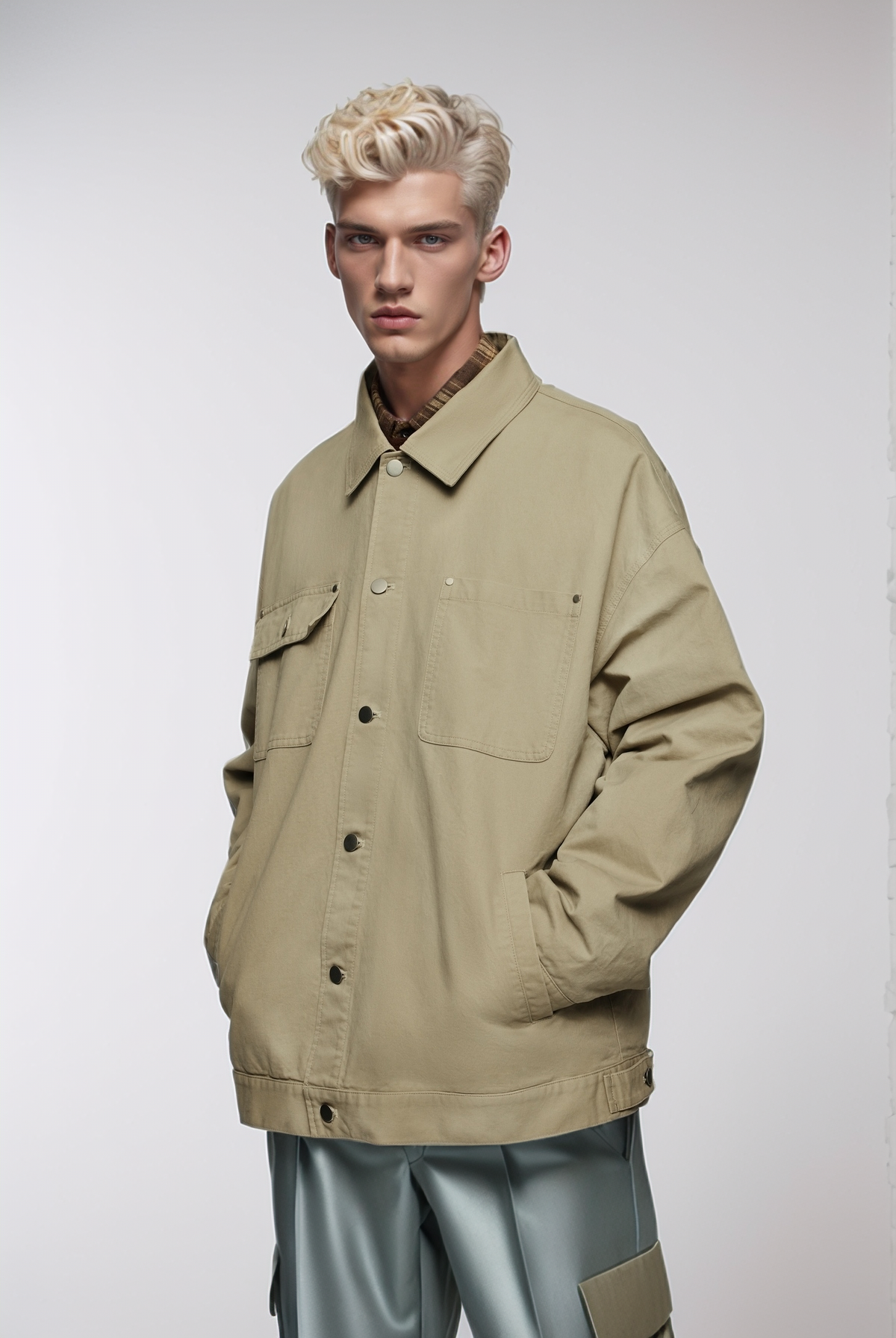 Unisex Minimalist Oversized Cargo Jacket with Front Pockets khaki