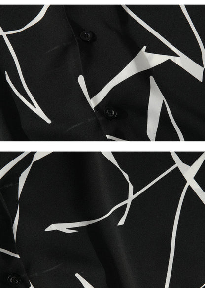 OLA FAN Black Cuban Collar Short Sleeve Shirt material detail close shot–minimalist high street wear