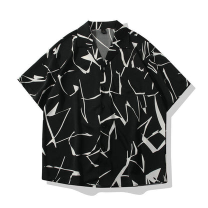 OLA FAN Black Cuban Collar Short Sleeve Shirt sku shot–minimalist high street wear