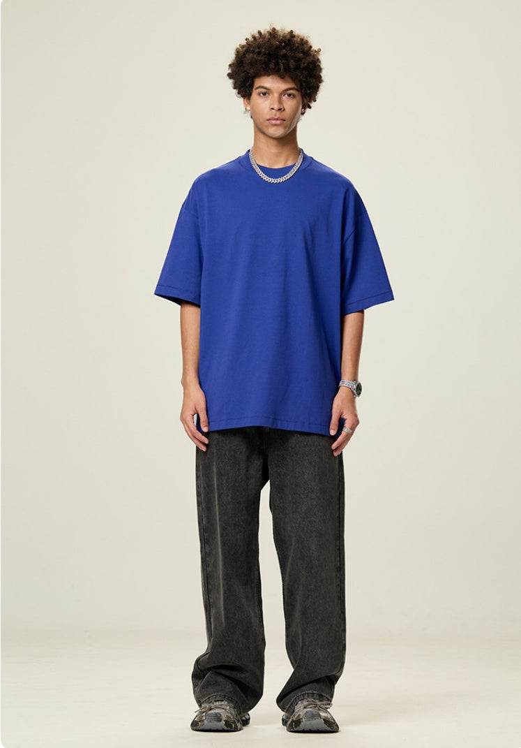 OLA FAN Blue vivid T-shirt front full view on male model – minimalist high street wear