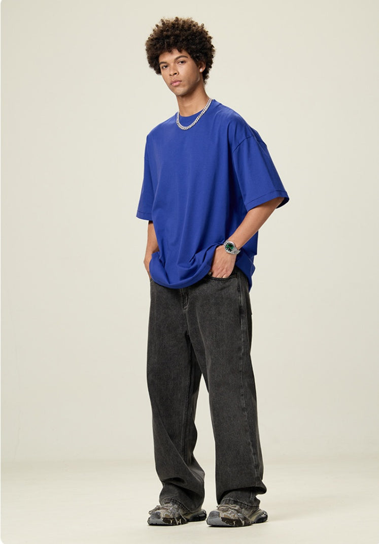 OLA FAN Blue vivid T-shirt side full view on male model – minimalist high street wear