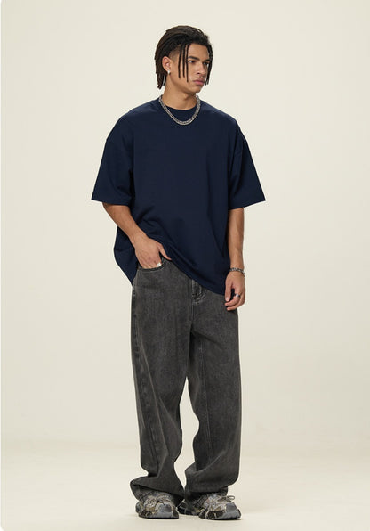 OLA FAN Dark Blue vivid T-shirt front full view on male model – minimalist high street wear