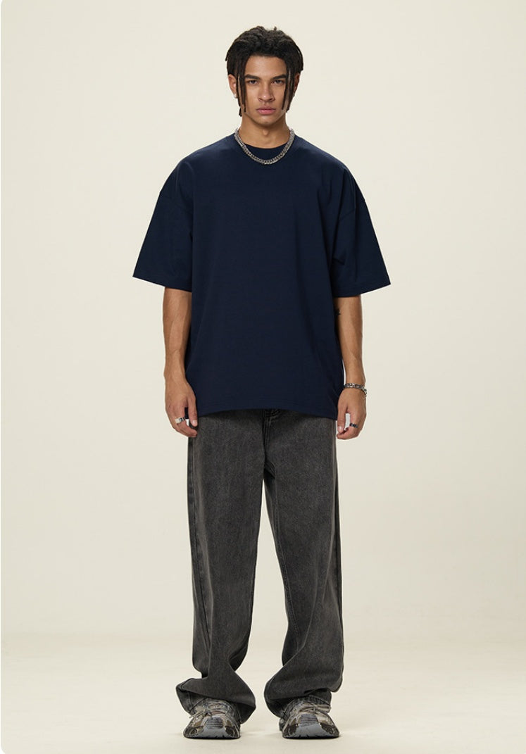 OLA FAN Dark Blue vivid T-shirt front full view on male model – minimalist high street wear