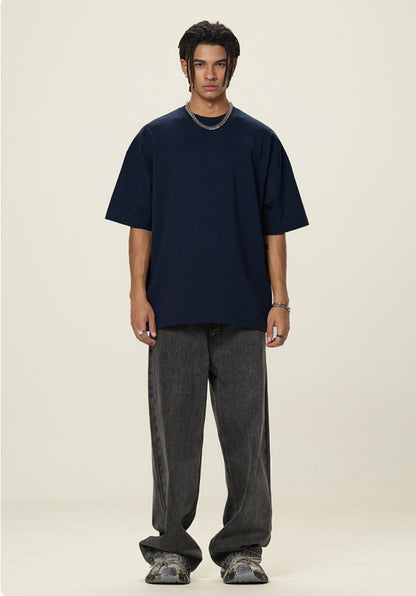 OLA FAN Dark Blue vivid T-shirt front full view on male model – minimalist high street wear