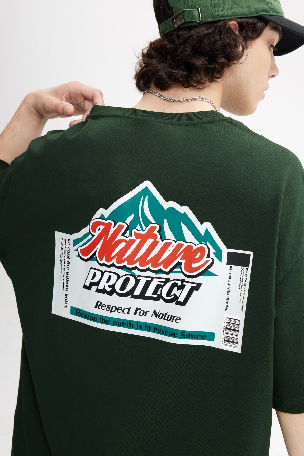 OLA FAN Dark Green Nature Protect T-shirt back side view on male model – minimalist