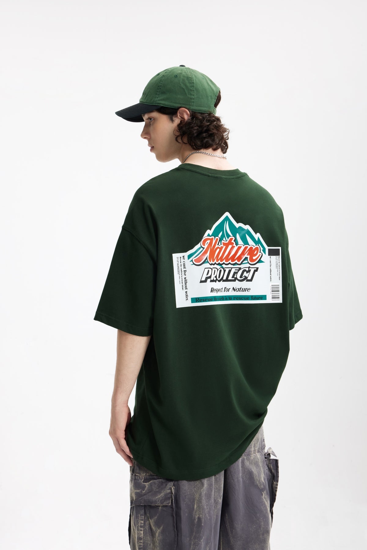 OLA FAN Dark Green Nature Protect T-shirt back side view on male model – minimalist high street wear