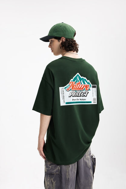 OLA FAN Dark Green Nature Protect T-shirt back side view on male model – minimalist high street wear