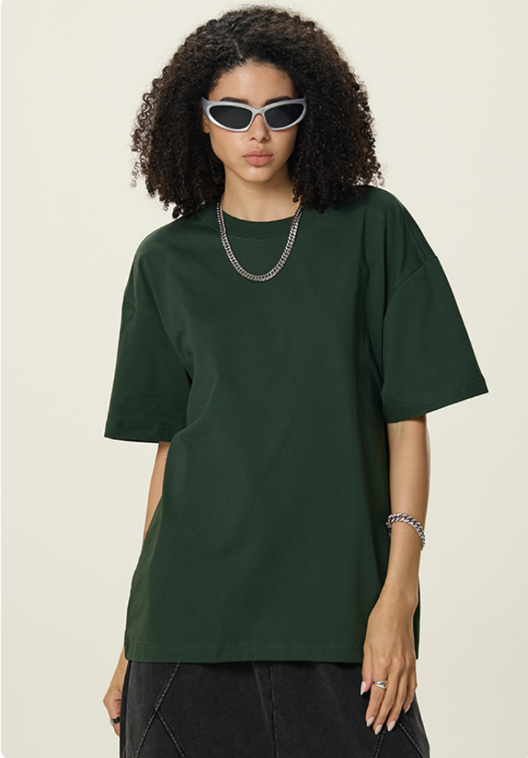 OLA FAN Dark Green vivid T-shirt front side view on female model – minimalist high street wear