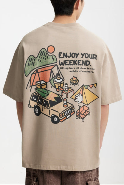 OLA FAN Khaki camp T-shirt back side view on male model – minimalist high street wear