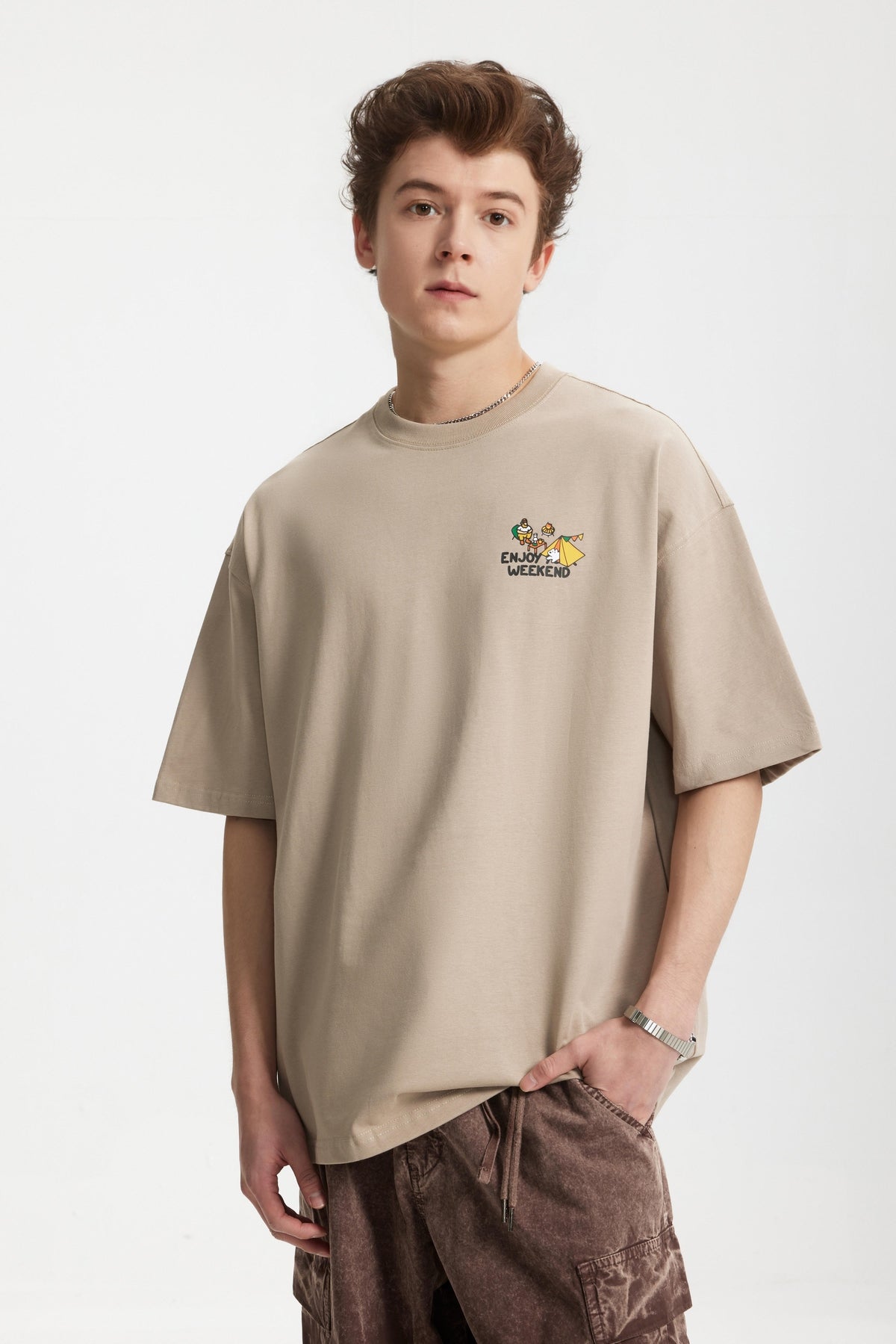 OLA FAN Khaki camp T-shirt front side view on male model – minimalist high street wear