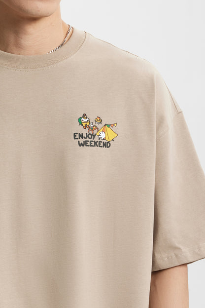 OLA FAN Khaki camp T-shirt side view on male model – minimalist high street wear