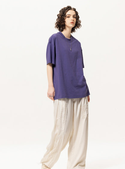 OLA FAN Purple vivid T-shirt front full view on female model – minimalist high street wear