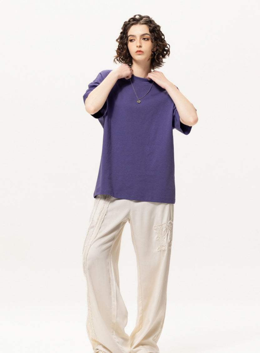 OLA FAN Purple vivid T-shirt front full view on female model – minimalist high street wear